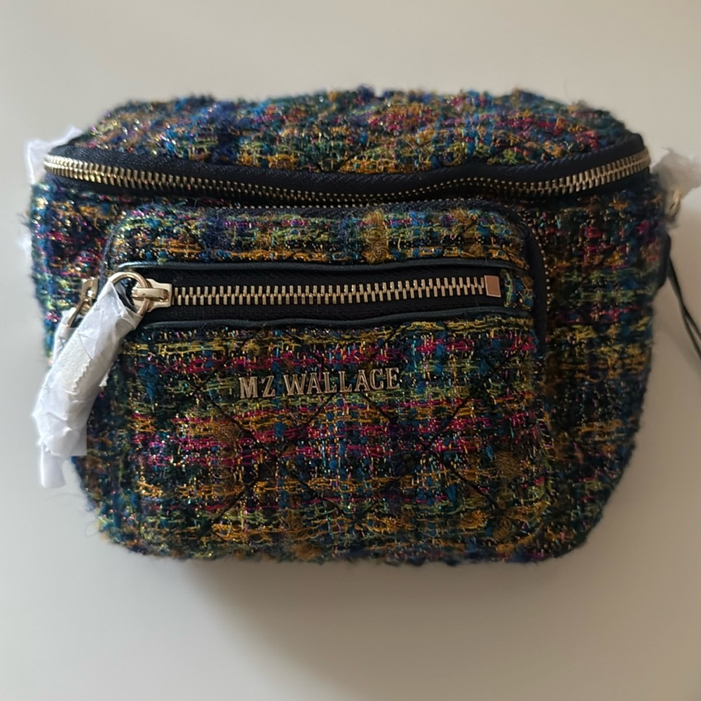 Mz Wallace micro Crosby sling with gold multi tweed